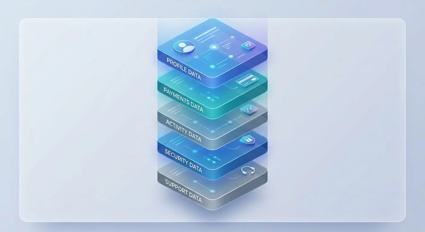 Infographic of player data layers including profile payments activity and security