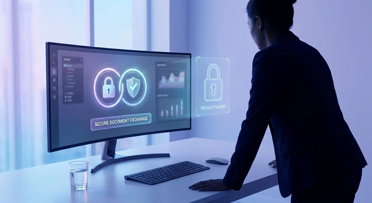 Security and privacy scene with lock shield and user checking a request