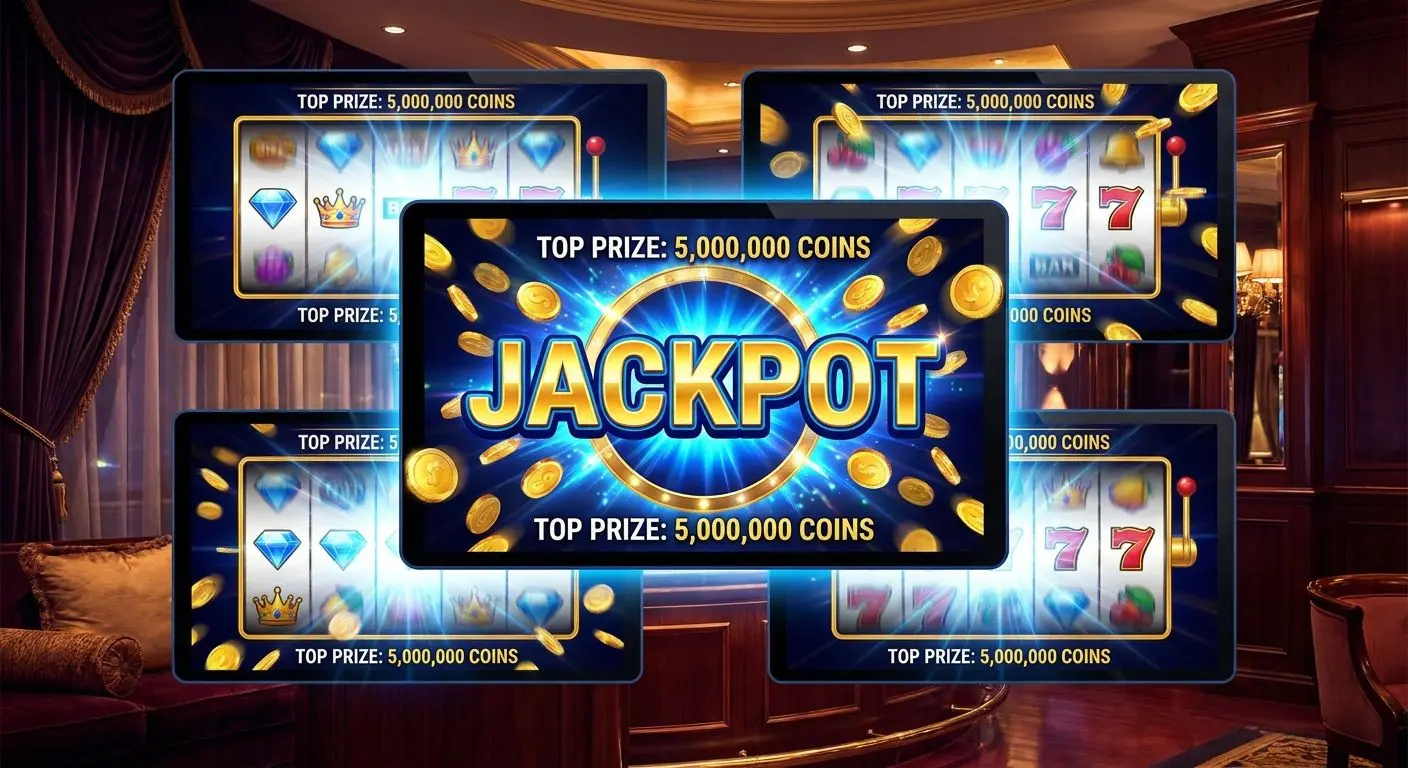 Jackpot slot collage with glowing reels and large win atmosphere