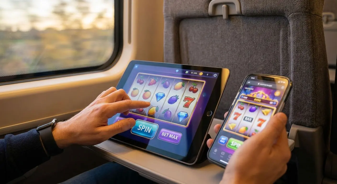 Player using mobile device for online slots on the go