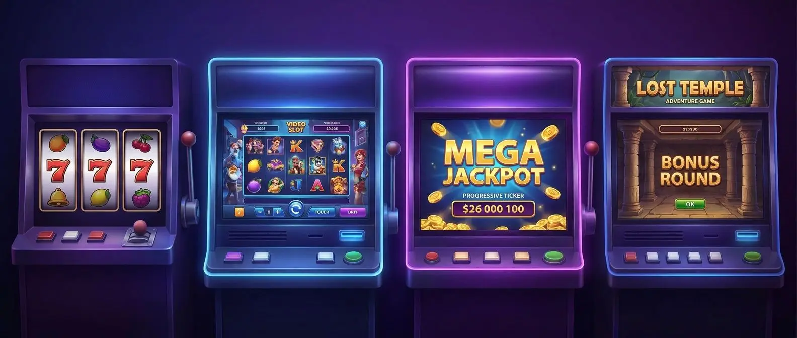 Different types of slot games including classic, video and jackpot styles