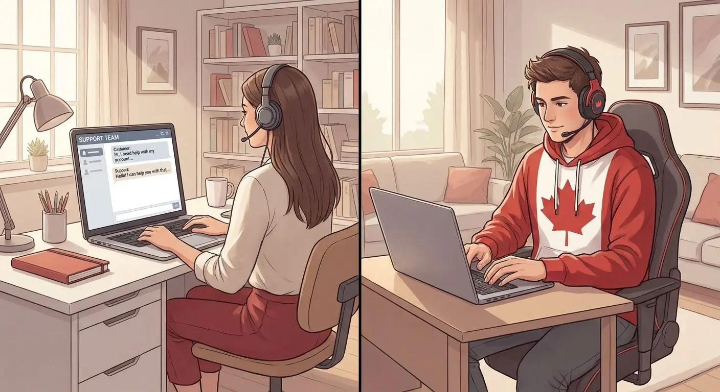 Support team helping a Canadian player through live chat on laptop