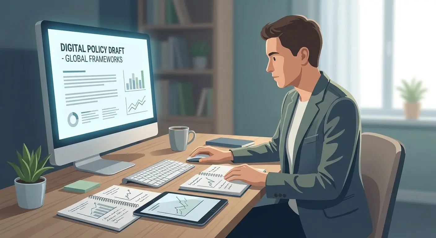 Fictional expert analyst reviewing policy documents at a desk