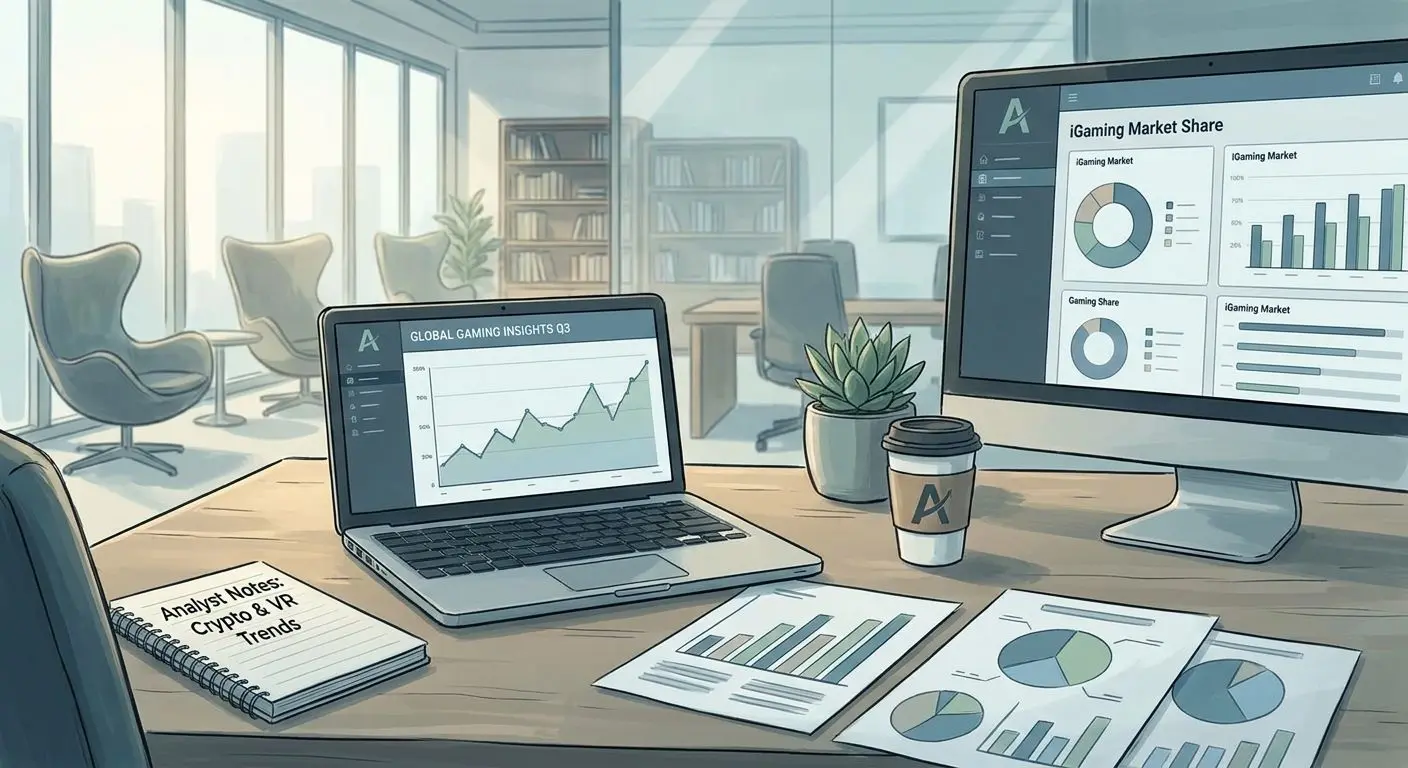 Stylised analyst workspace for reviewing gaming offers