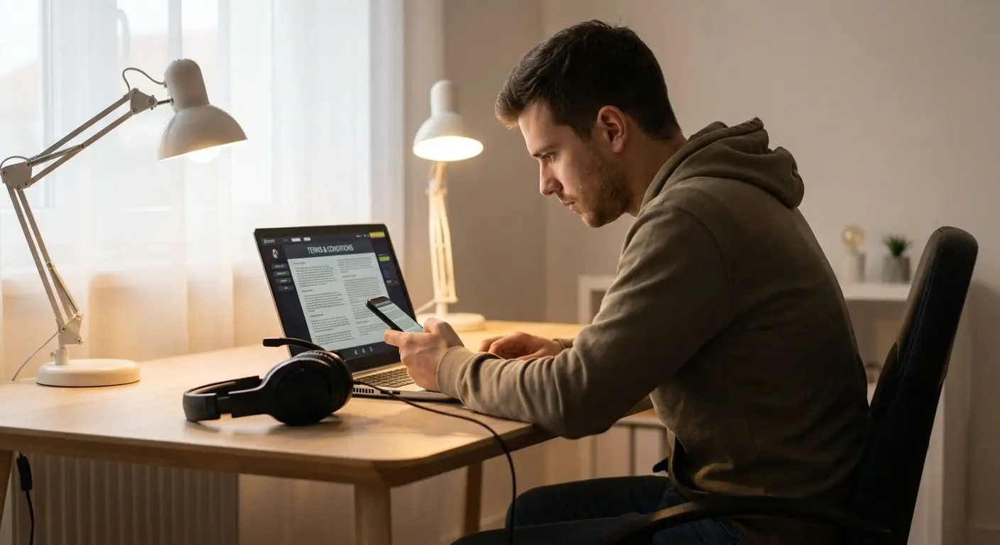 Player reading welcome offer terms on a laptop and phone