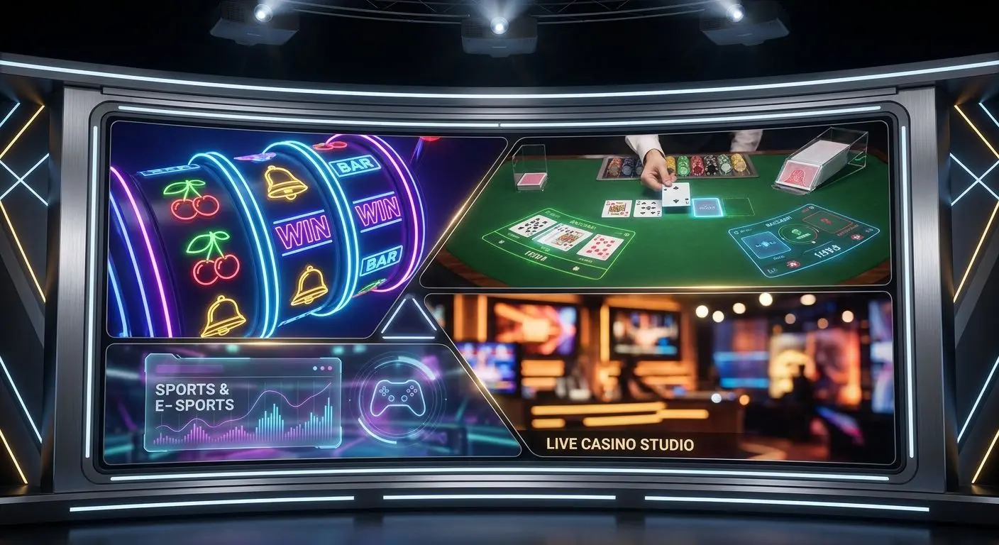 Collage of slots, table-style games and live play sections