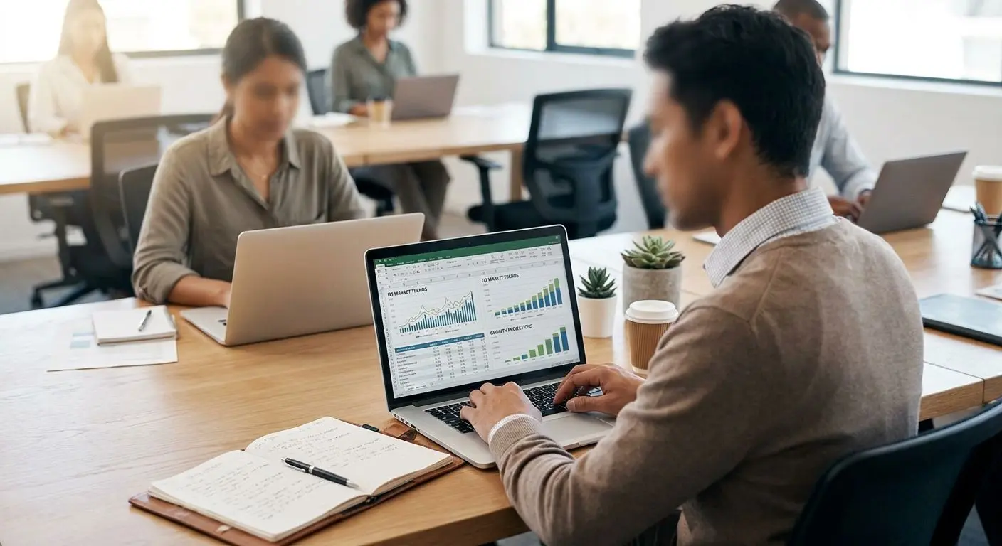Fictional analyst at laptop reviewing payout and account process data