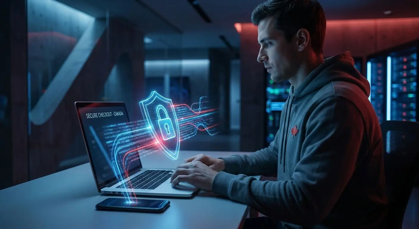 Secure online payment and verification visual with shield and digital devices