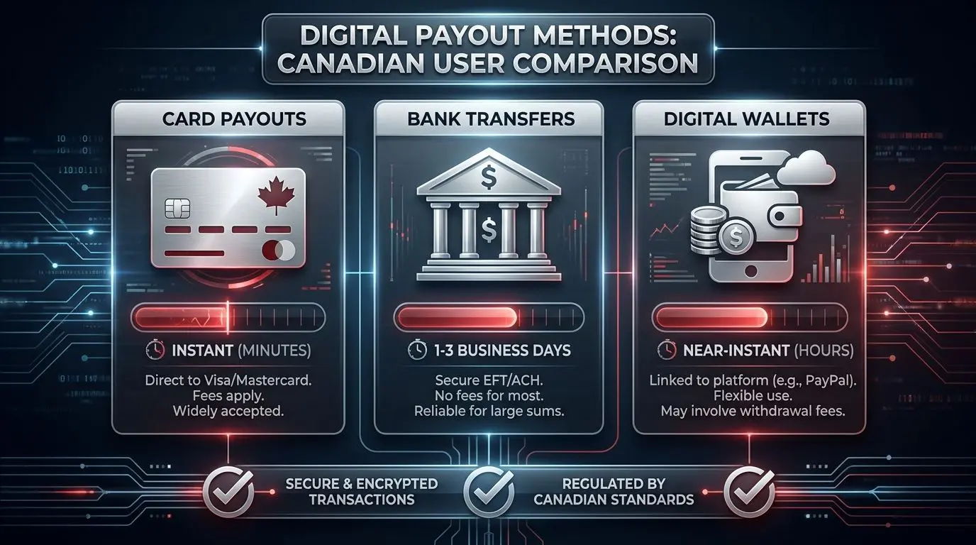 Comparison graphic of withdrawal methods with timers for Canadian players
