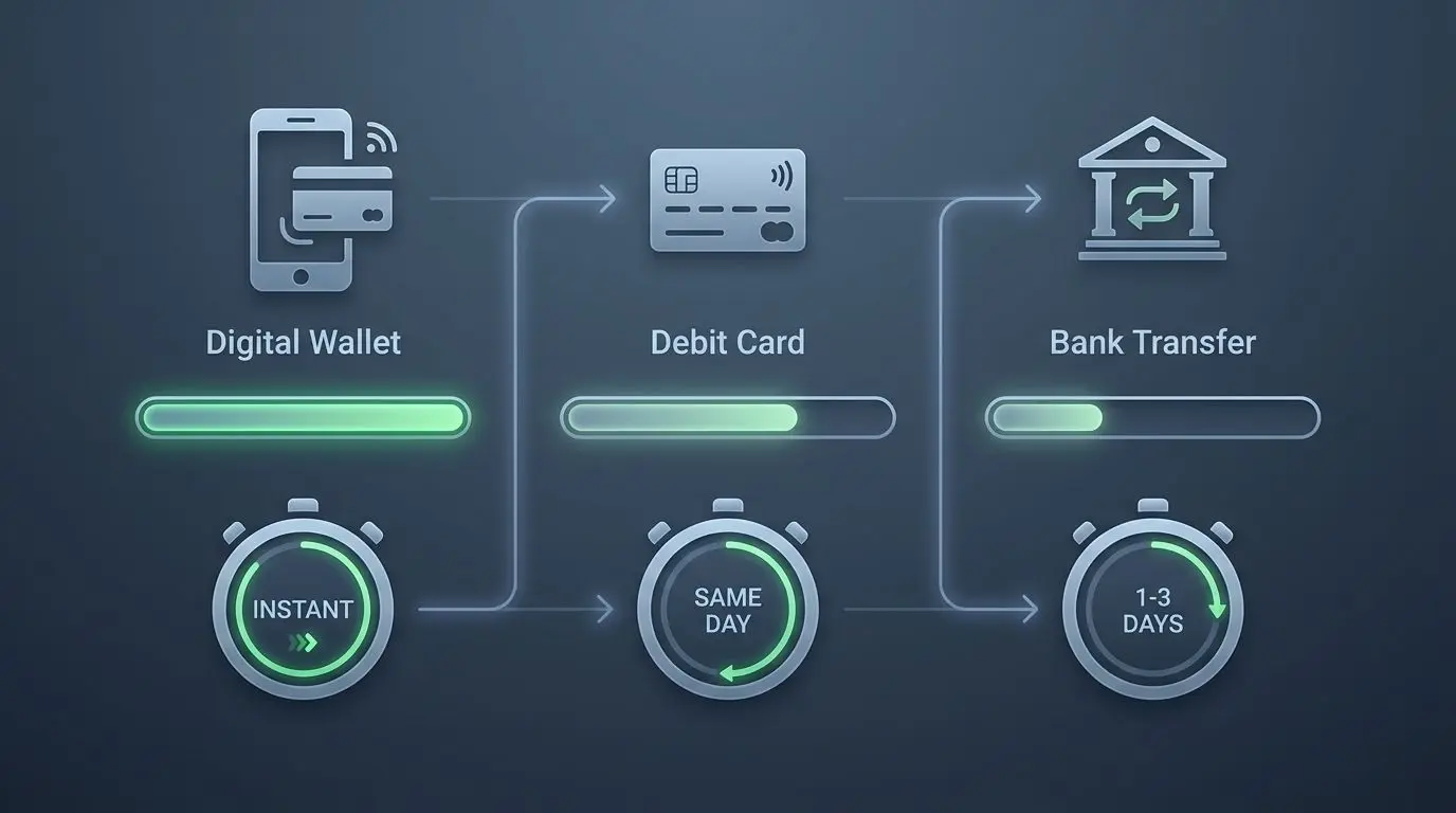 Comparison of withdrawal methods by speed using wallet, card and bank icons